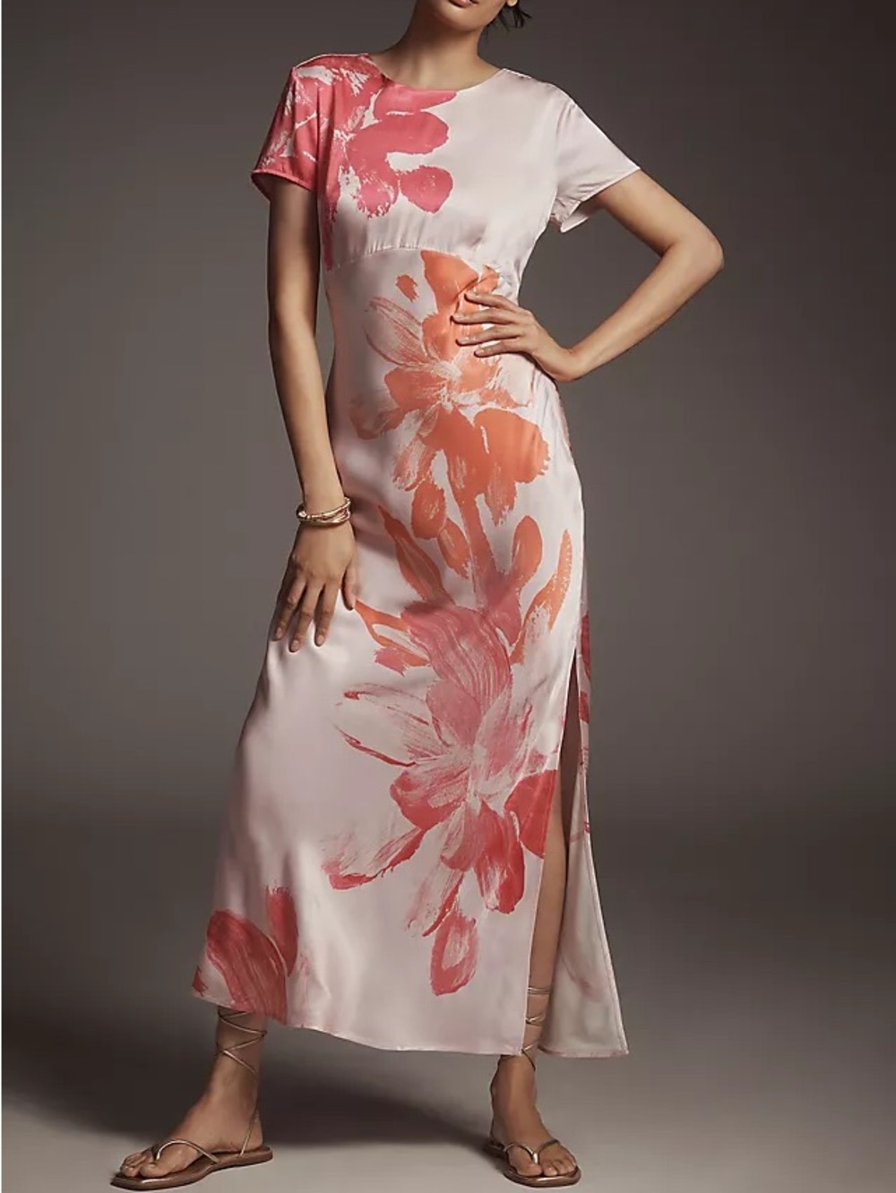 Anthropologie Pink and Coral Floral silky Maxi Dress 38546